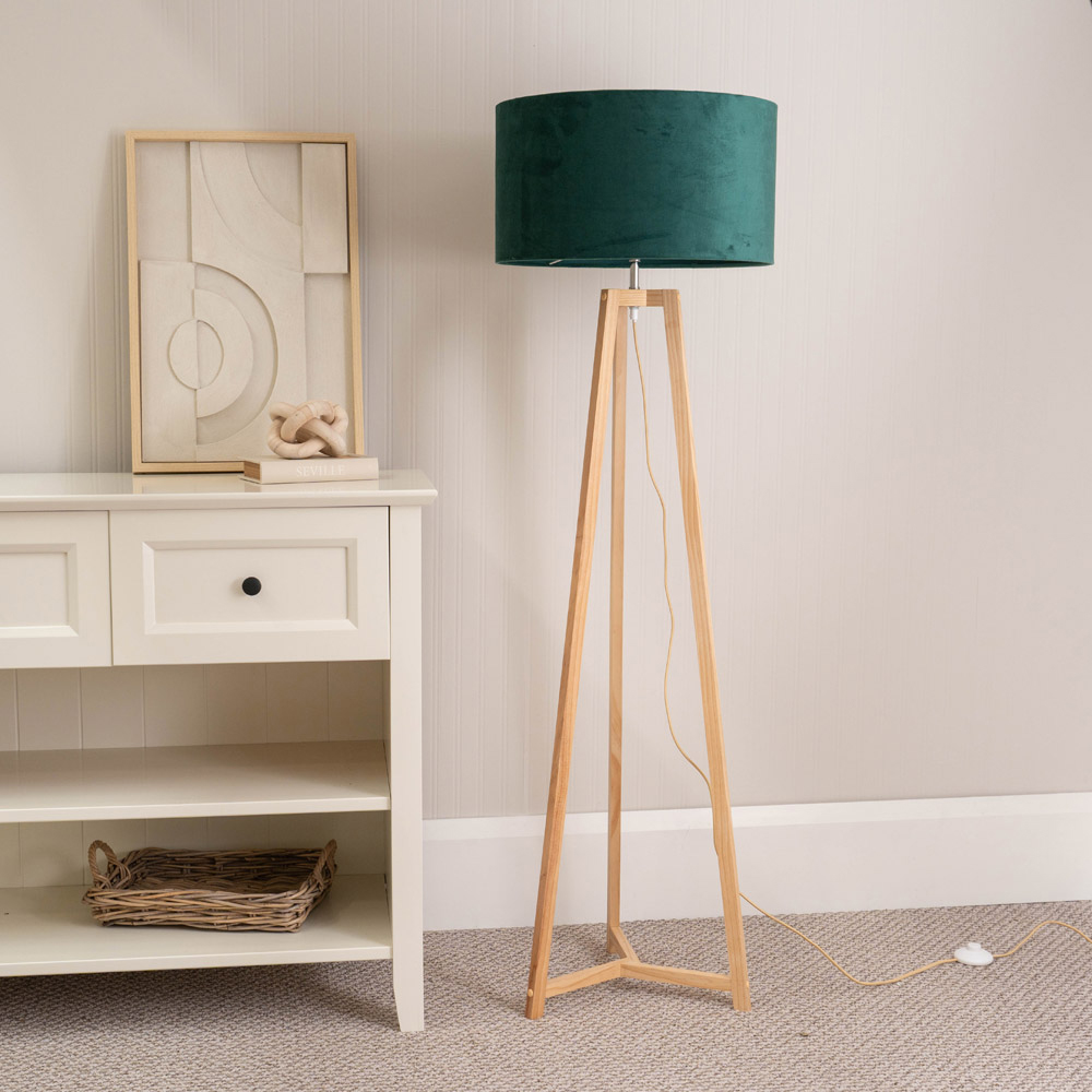 ValueLights Lottie Forest Green Velvet Drum Shade Natural Wood Tripod LED Floor Lamp Image 3