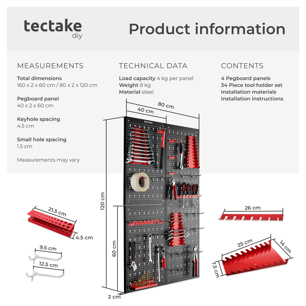 tectake Jonah 4 Panel Tool Pegboard Set with Hooks and Holders Image 8
