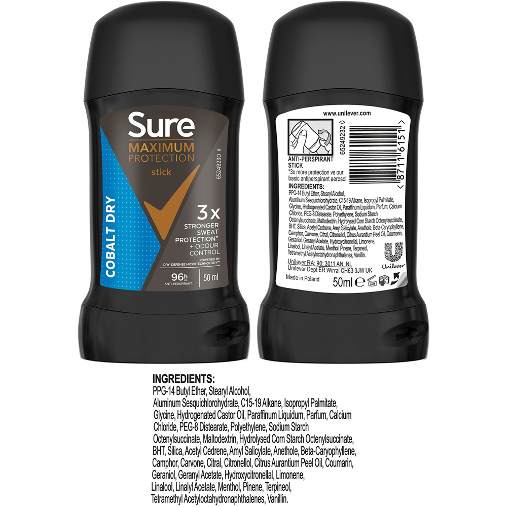 Sure Men Maximum Protection Cobalt Dry Anti-Perspirant Cream Stick 50ml 6 Pack Image 8