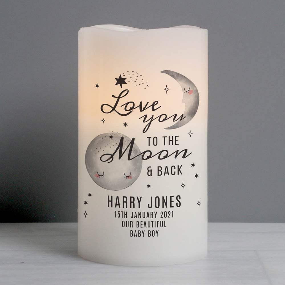 Personalised Memento Baby To The Moon and Back LED Candle Image 2