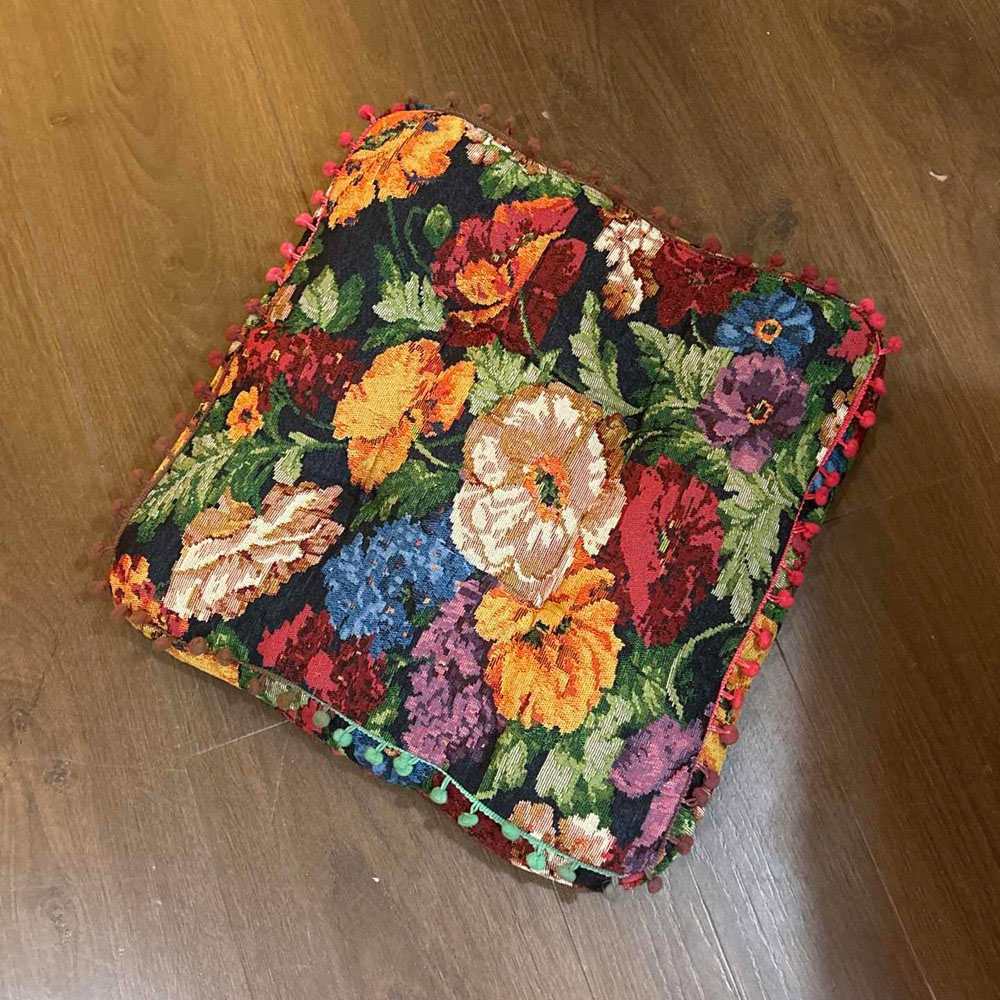 Living and Home Black Vintage Floral Embroidered Tatami Seat Cushion with Pom Poms 40 x 40cm Image 2