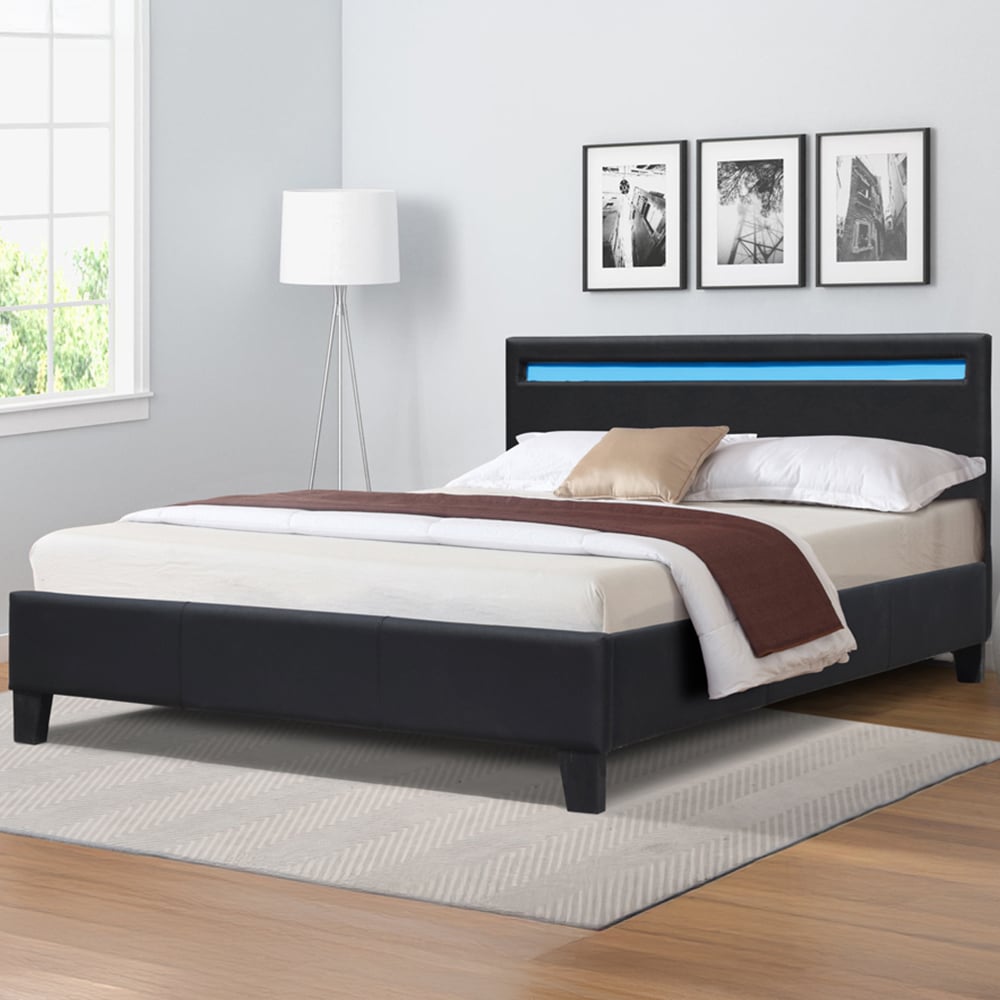 Comfy Living King Size Black Faux Leather Bed Frame with LED Strip Image 1