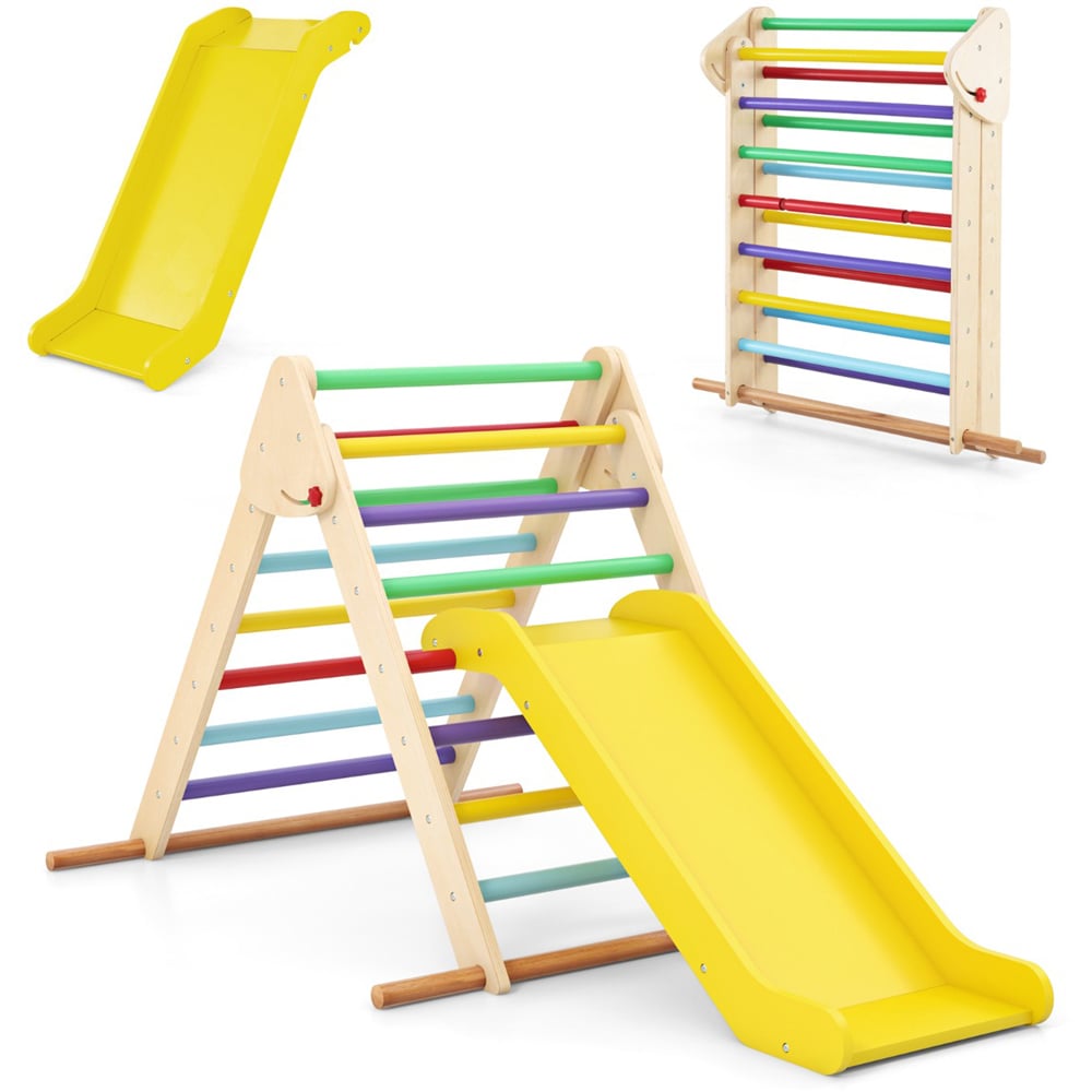 Costway Kids Multicolour Pikler Triangle Set with Slide Image 3