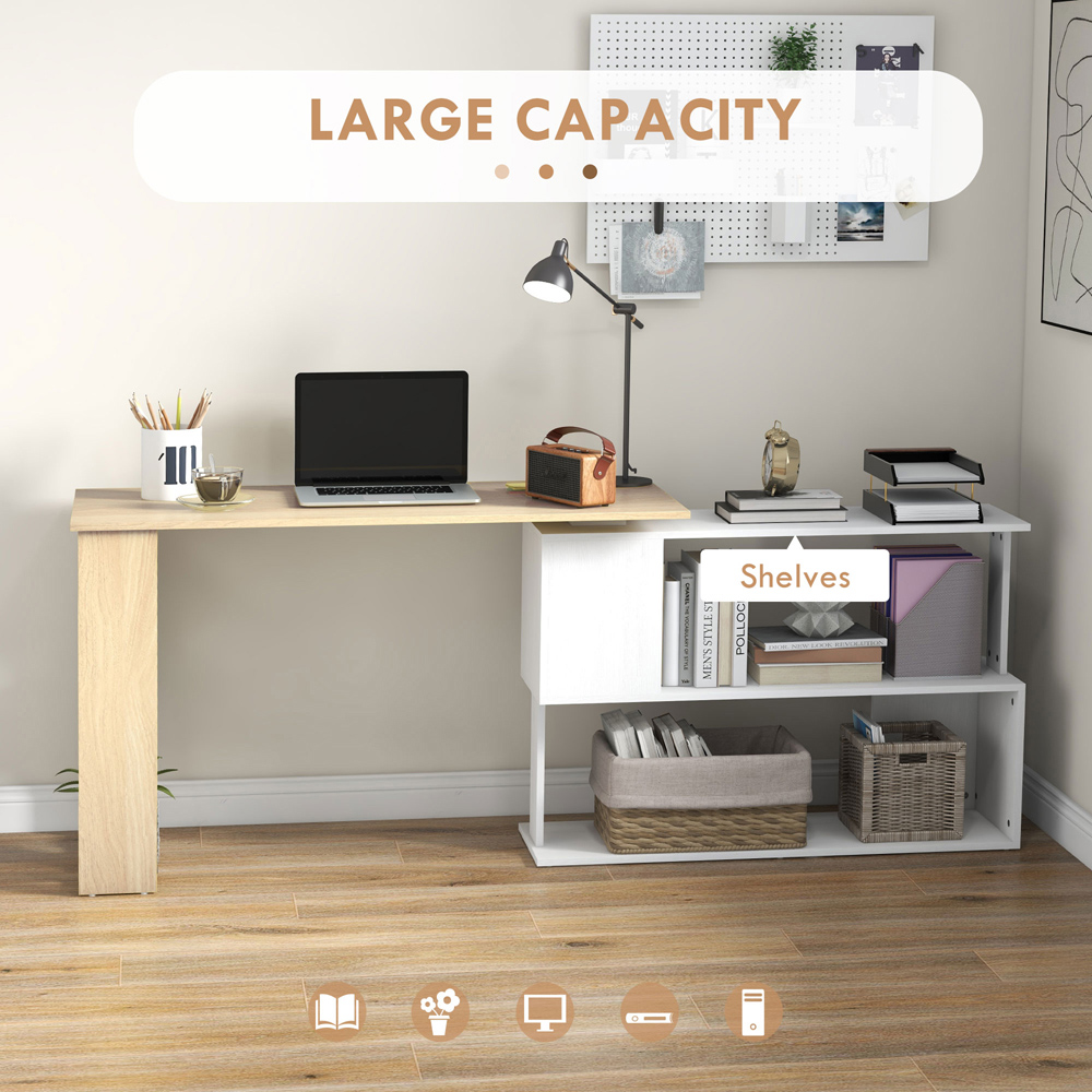 HOMCOM 5 Shelf Rotatable L-Shaped Corner Desk Natural and White Image 7