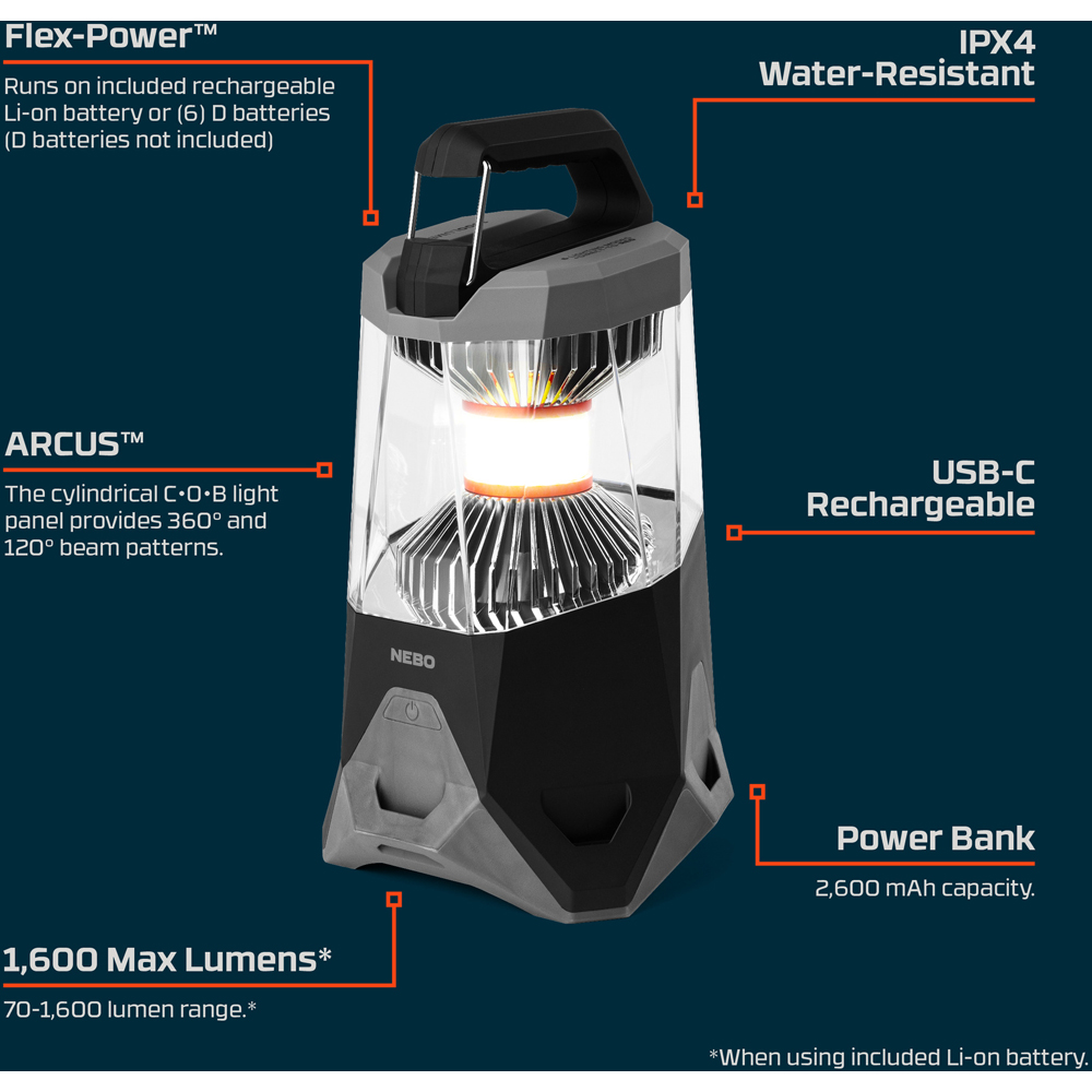 Nebo Galileo 1600 Flex 2-in-1 1600 Lumens Rechargeable Lantern with Built-In Power Bank Image 9
