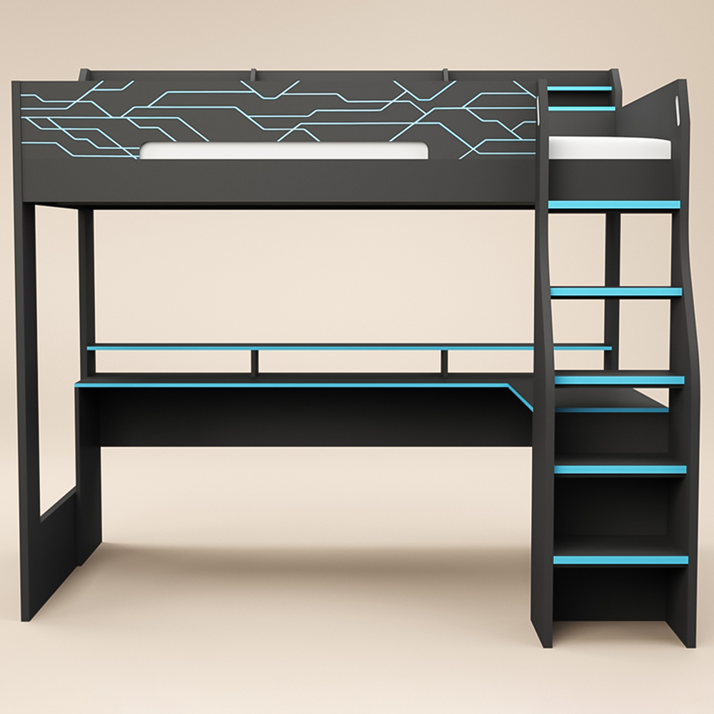 Recoil Ultimate Small Double Charcoal and Neon Blue Gaming High Sleeper Bed with LED Image 3