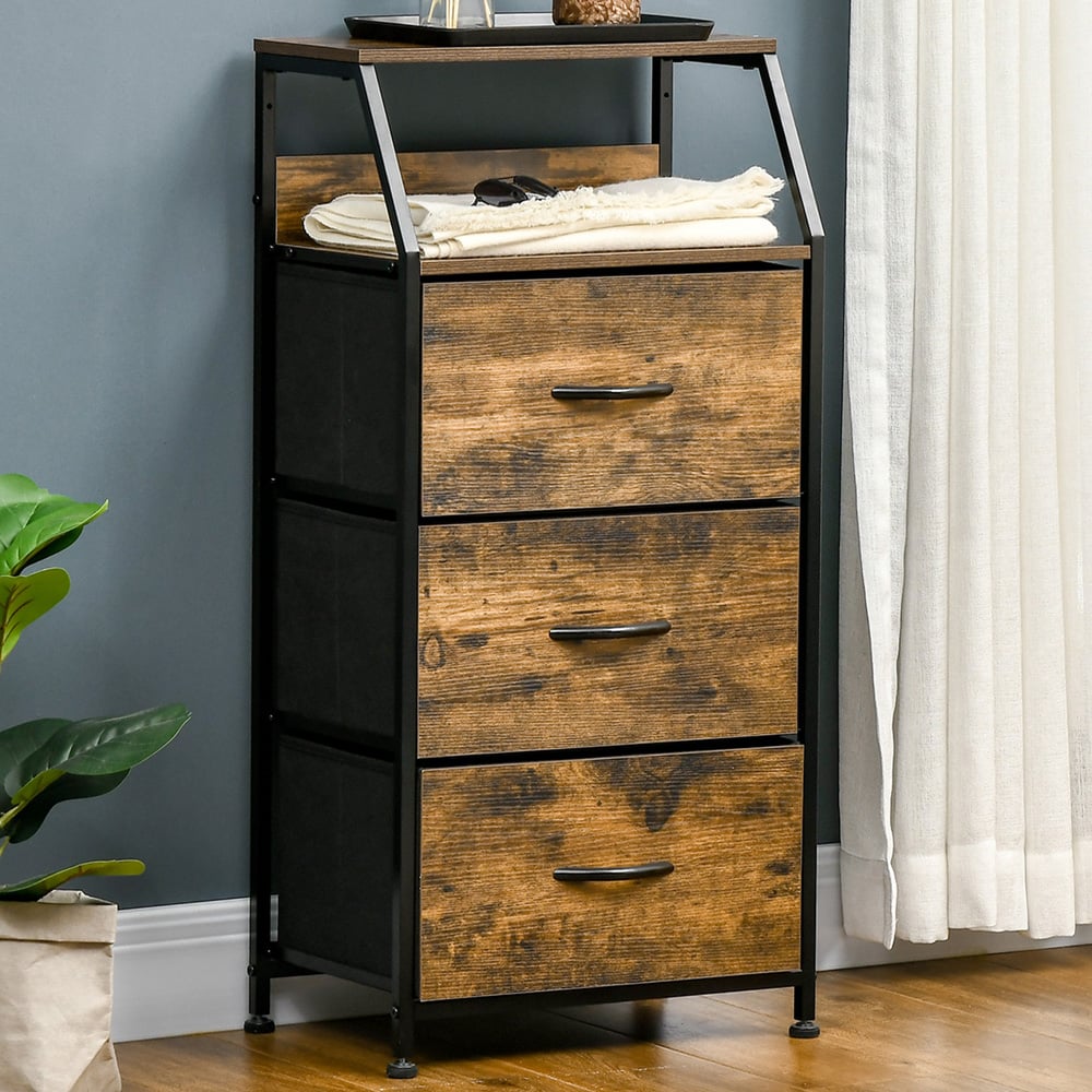 HOMCOM 3 Drawers Rustic Brown Industrial Storage Cabinet Image 1