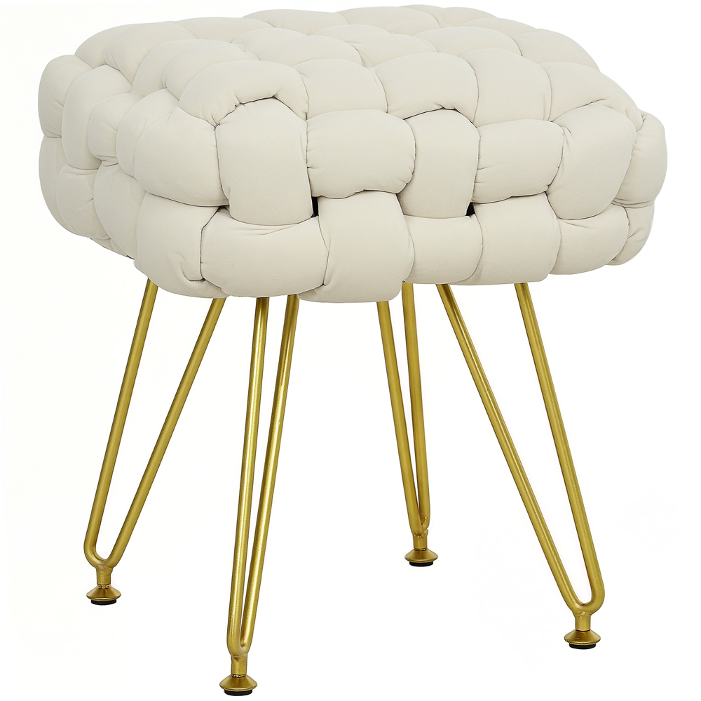 HOMCOM Cream White Woven Velvet Footstool with Metal Legs Image 2