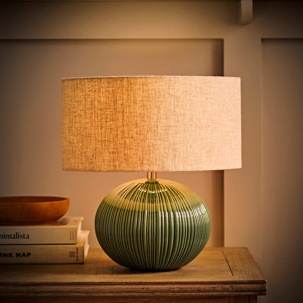 ValueLights Rebecca Linen Shade Green Ribbed Ceramic Table Lamp with Bulb Image 2