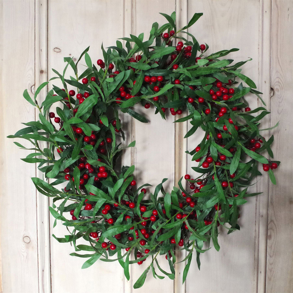 Botanik Floristry Artificial Christmas Wreath with Mistletoe Leaf and Red Berry 60cm Image 2
