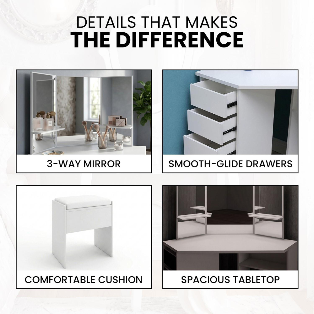Portland 5 Drawer White Corner Dressing Table Set with Mirror Image 7