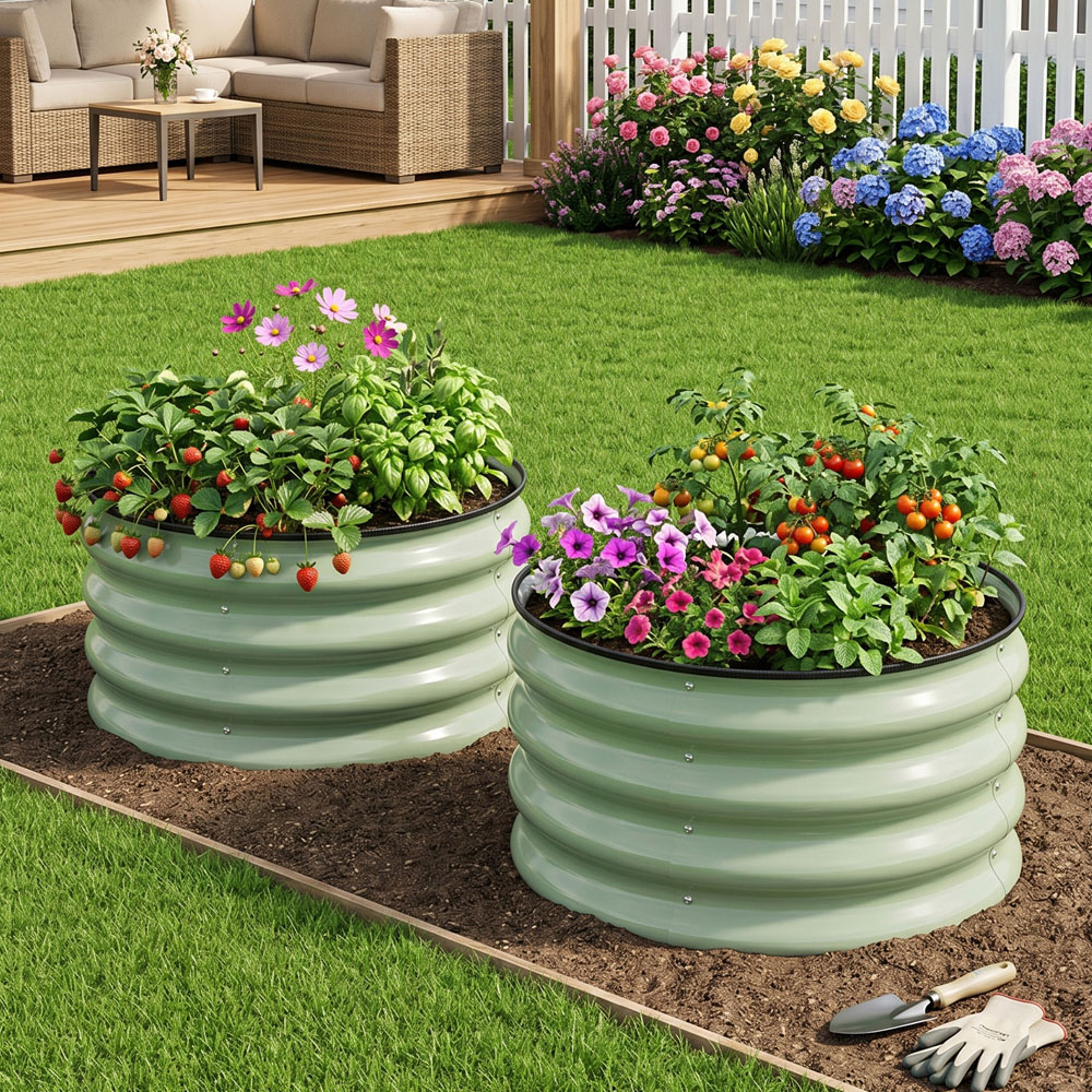 Living and Home Green Round Metal Raised Garden Bed with Open Bottom 60 x 30cm 2 Pack Image 2