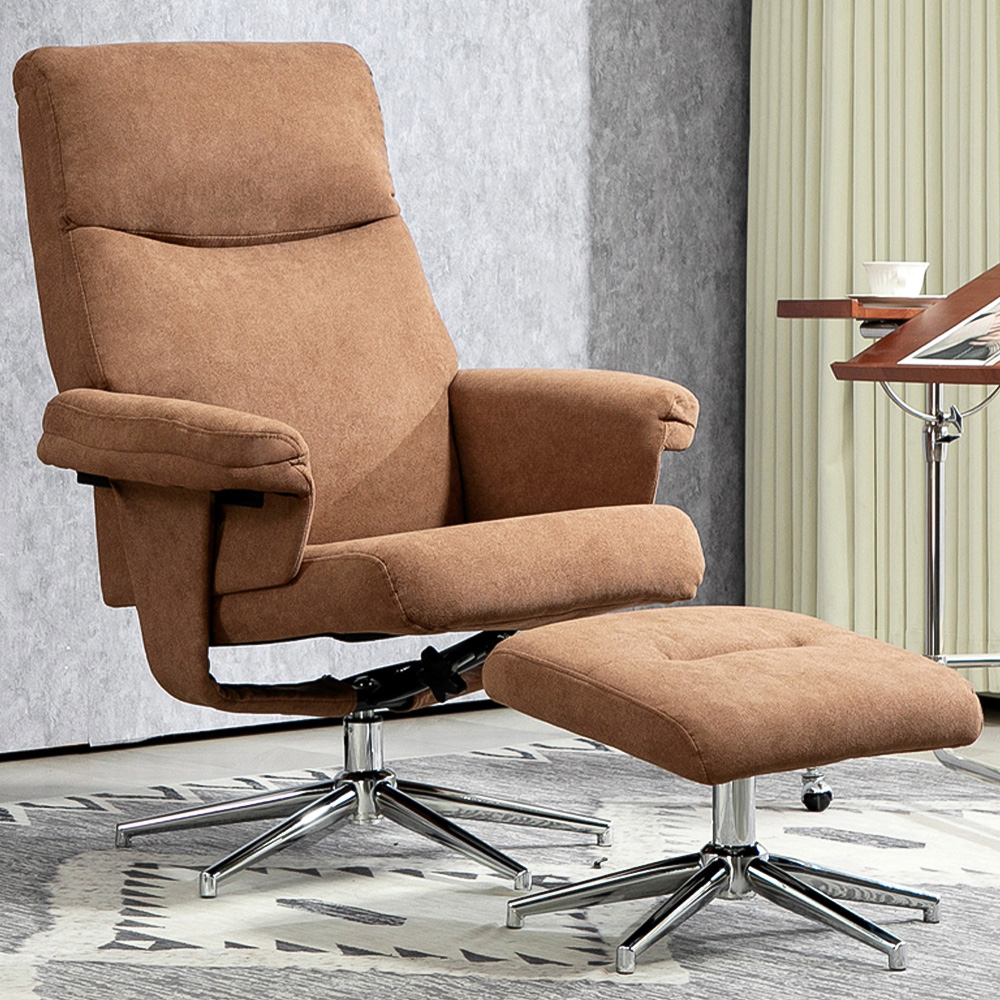 HOMCOM Light Brown Velvet Fabric Upholstered Recliner Chair with Footstool Image 1