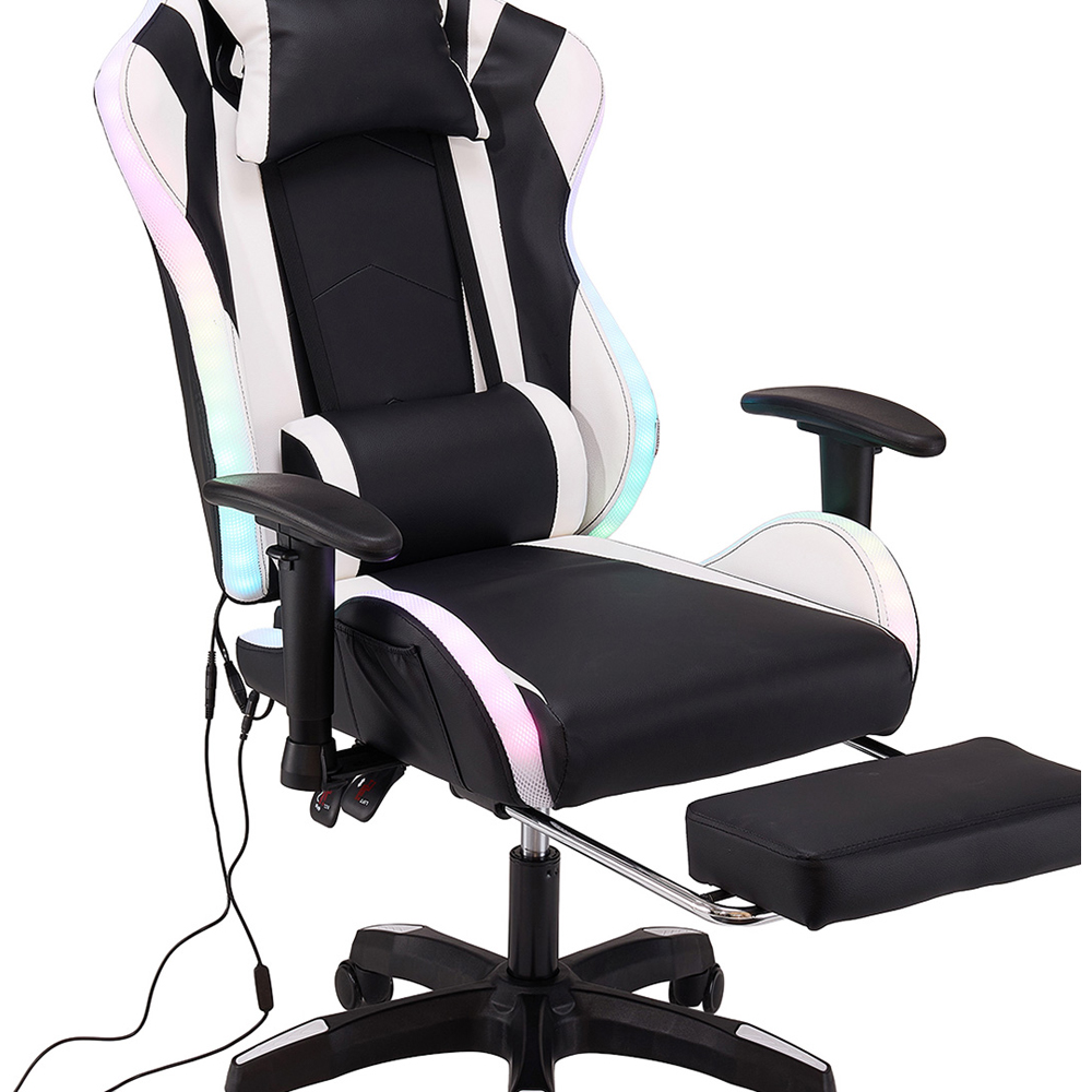 Living and Home Black and White RGB LED Bluetooth Speaker Gaming Chair with Massage and Footrest Image 5