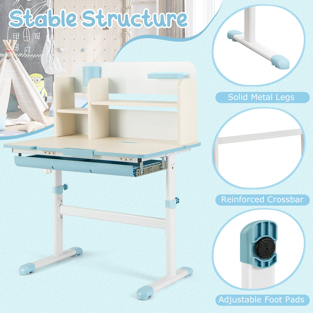 Costway Kids Single Drawer 4 Shelf Adjustable Tilted Desk Blue Image 5