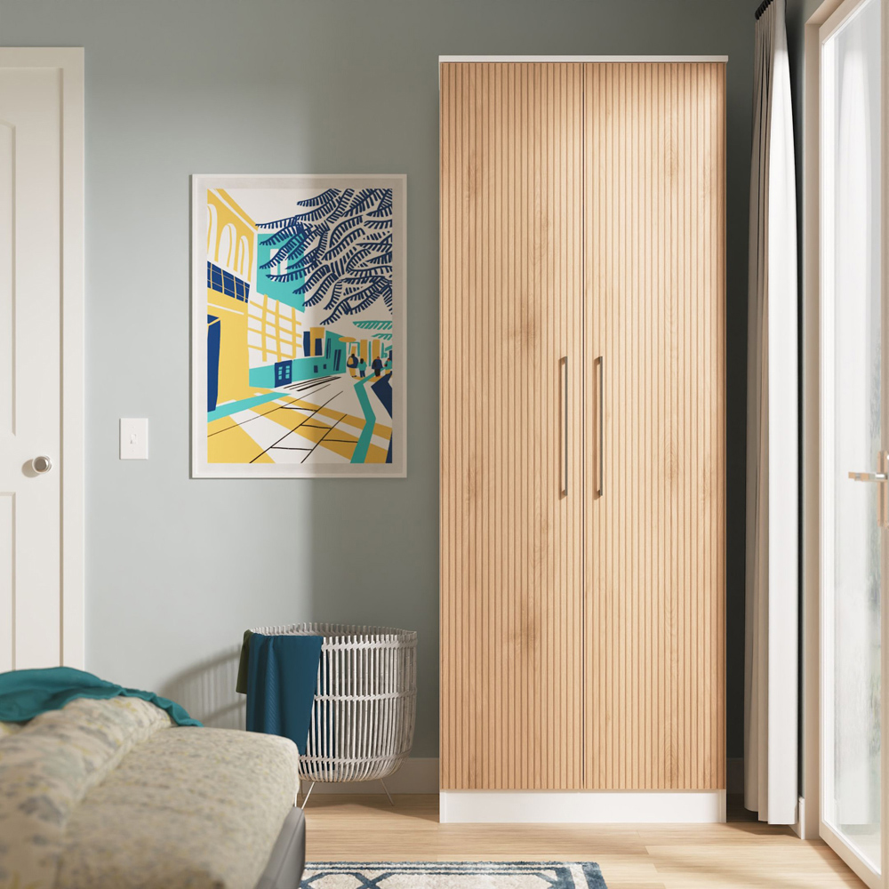 Crowndale 2 Door Slatt Effect and White Tall Wardrobe Ready Assembled Image 8