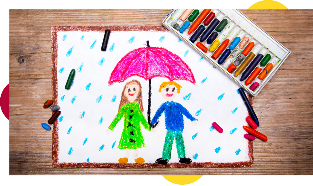 A drawing of a couple under an umbrella on a raindy day, in the style of a child's drawing