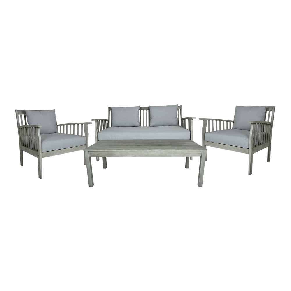 Charles Bentley FSC Acacia Washed Wood Lounge Set  - wilko  - Garden & Outdoor This stylish Charles Bentley washed wood lounge set is a beautiful addition to any garden. There's enough seating for up to 4 people with grey cushion pads for extra comfort and a matching coffee table. This outdoor lounge set is crafted from white washed FSC Acacia Hardwood which has been ethically sourced and sustainably produced to the highest quality. It's ideal for family dining and relaxing in your outdoor space in the summer months. Contents: 2 x chairs with seat pad and one back cushion on each chair. 1 x bench with seat pad and two back cushions. 1 x coffee table. Dimensions: Chair: H78 x L68 x D75cm (x2). Bench: H78 x L142 x D75cm. Table: H40 x K60 x D120cm. Cushion dimensions: Chair seat cushion: Thickness 12.5cm W57cm x D59cm, Bench seat cushion: Thickness 13cm W131.5 x D56.5cm, Back / Scatter Cushions: Thickness 14.5cm W29.5 x L42.5cm. . Garden Furniture