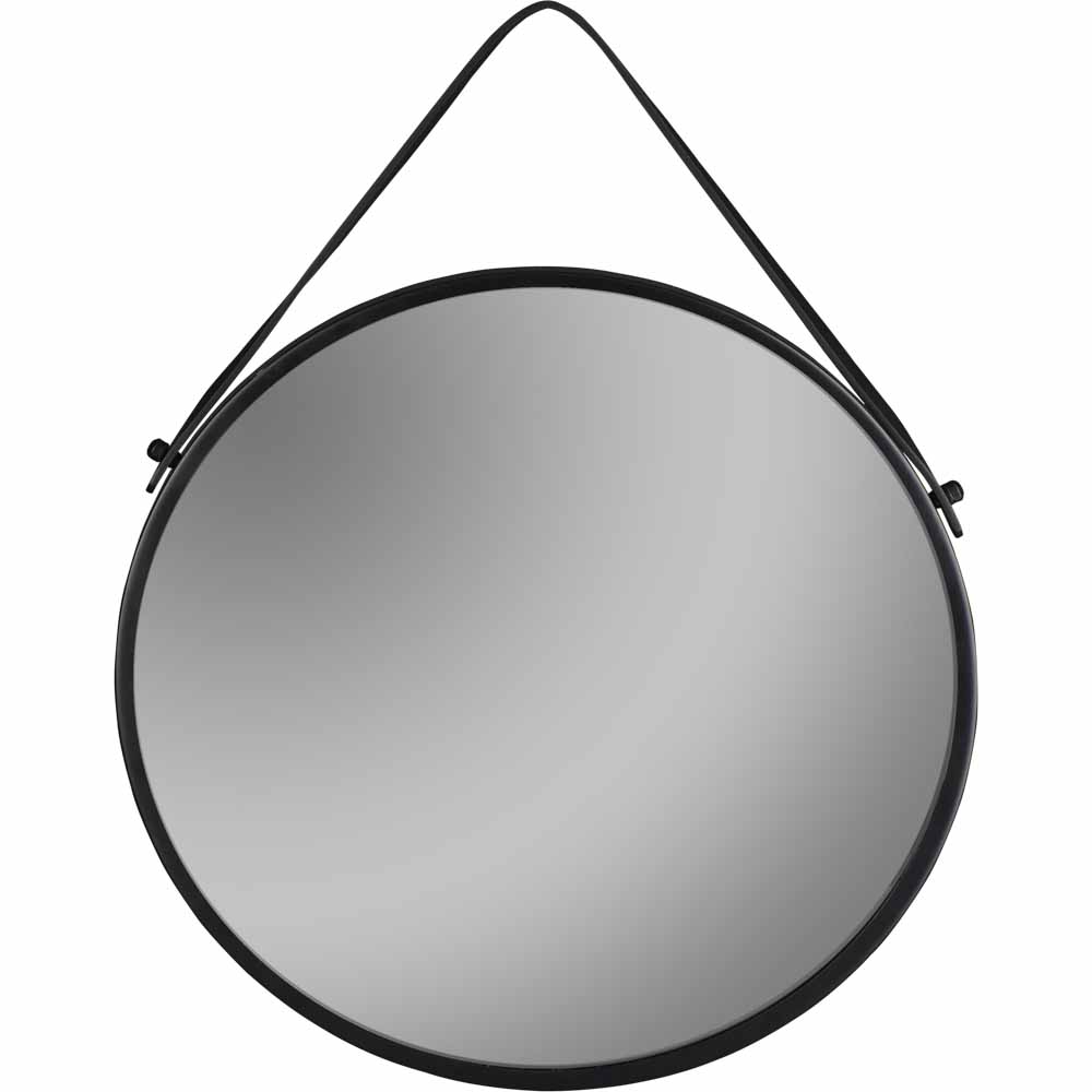 Wilko Black Hang Mirror Round, Black Round Leather Hanging Mirror