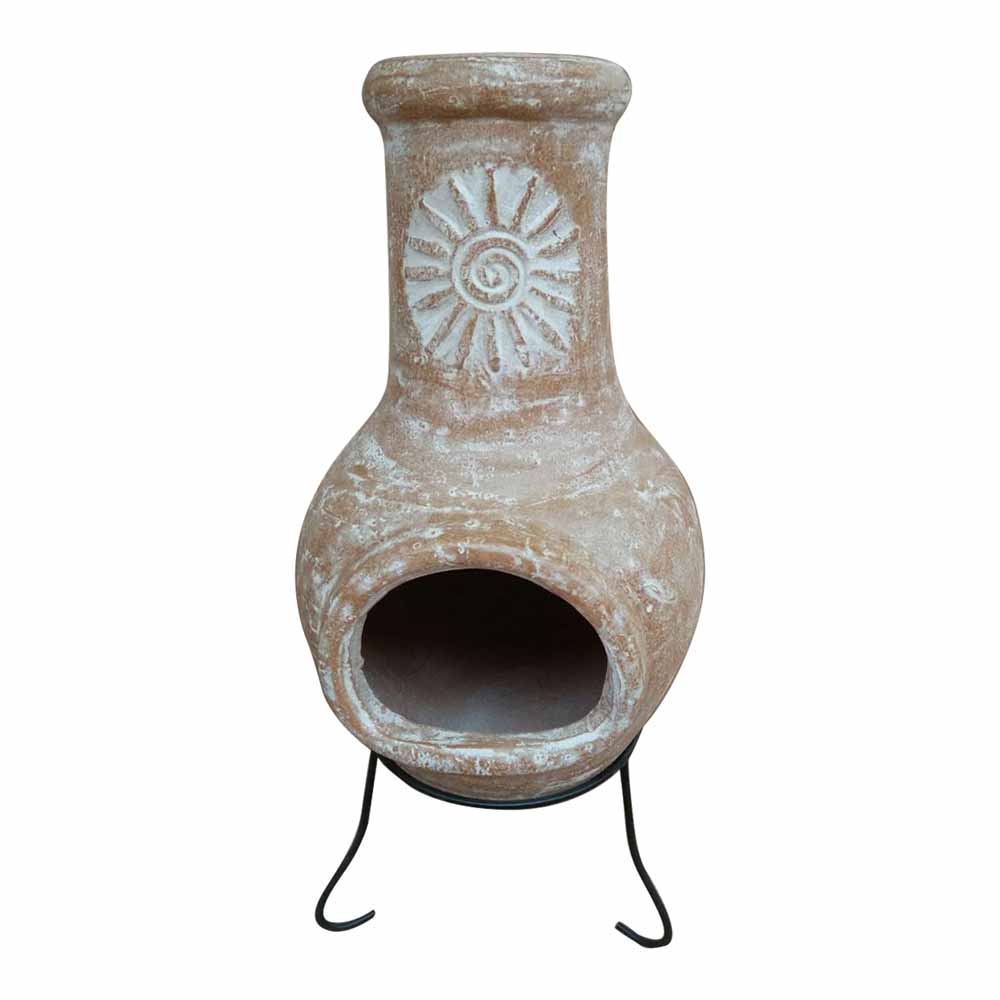 Charles Bentley Medium Natural Clay Chiminea Sun Design Clay and Steel Stand - wilko