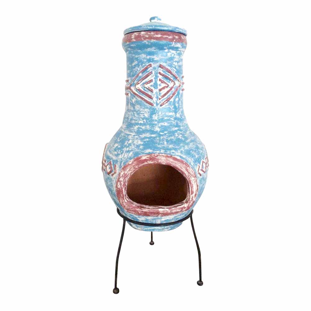 Charles Bentley Large Natural Clay Chiminea Aztec Design Clay and Steel Stand - wilko