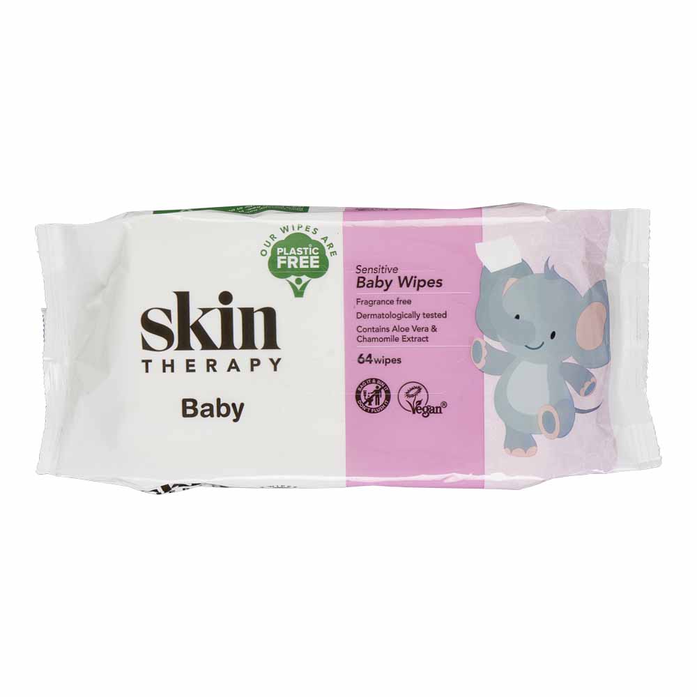 Skin Therapy Plastic Free Sensitive Baby Wipes 64 pack 100% Viscose, Spunlace Plain, 35PE/12PET Foil  - wilko