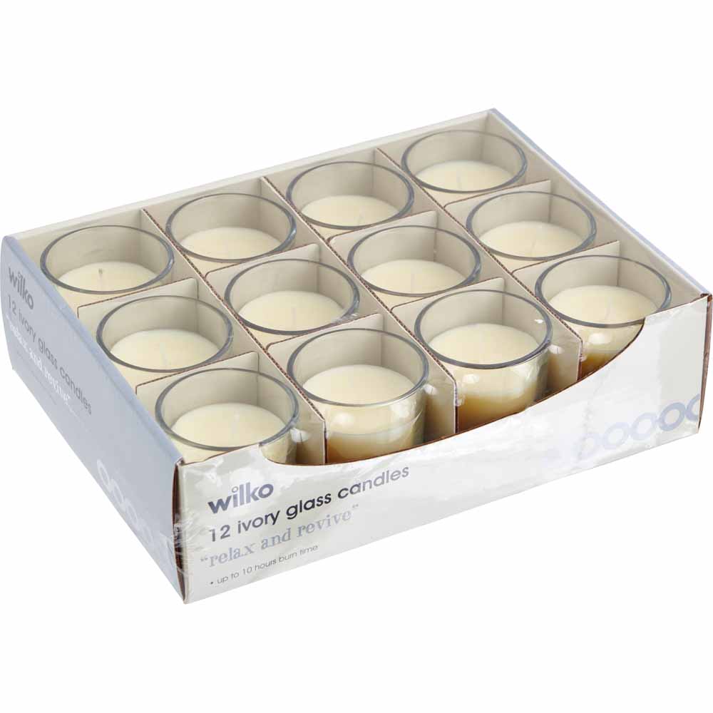 Wilko Votive Glass Candles Ivory 12 Pack Image 1