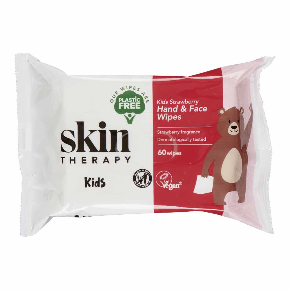 Skin Therapy Plastic Free Kids Strawberry Hand and Face Wipes 60 pack 100% Viscose, Spunlace Plain, 35PE/12PET Foil  - wilko