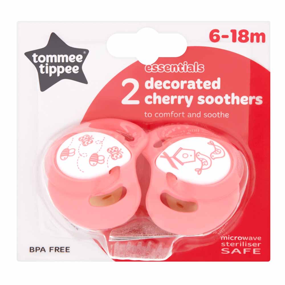 Tommee Tippee Decorated Soothers Cherry 2 Pack    - wilko Pack of two cherry shaped assorted character designs and colours. Always read label. Tommee Tippee Decorated Soothers Cherry 2 Pack  