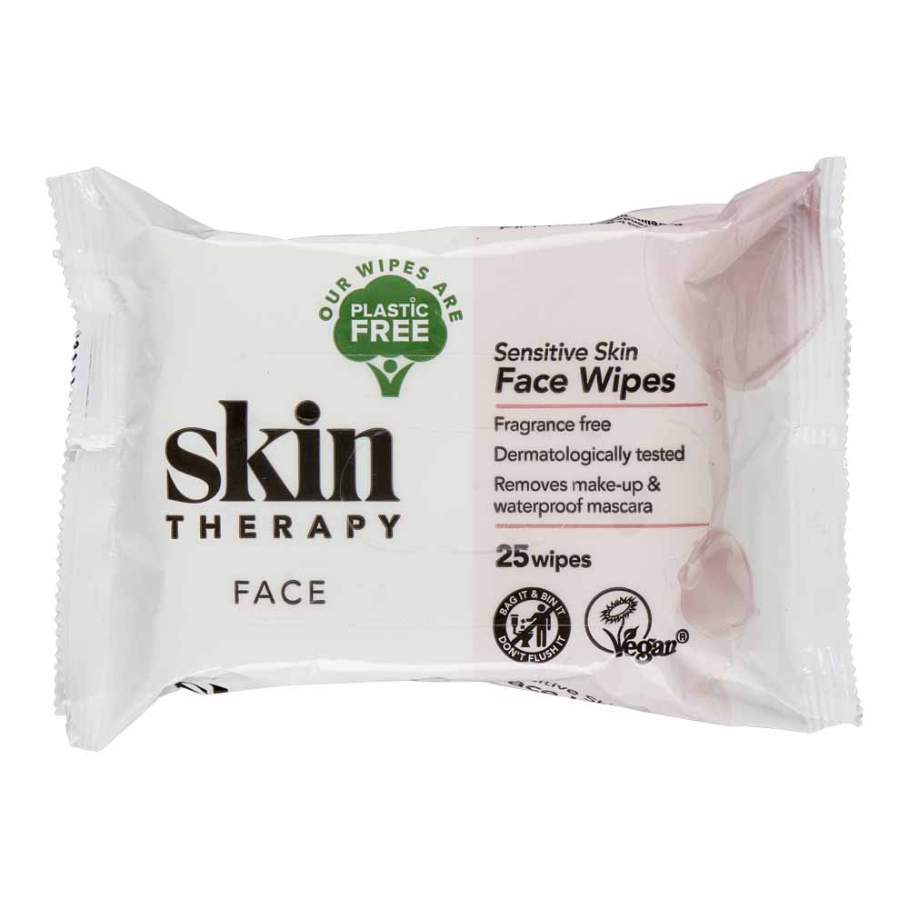 Skin Therapy Plastic Free Sensitive Skin Face Wipes 25 pack 100% Viscose, Spunlace Plain , 35PE/12PET Foil  - wilko