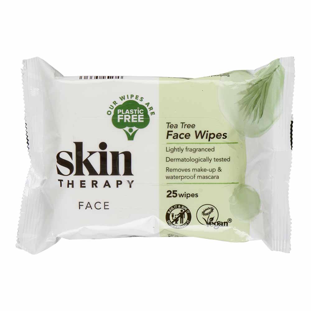 Skin Therapy Plastic Free Tea Tree Face Wipes 25 pack 100% Viscose, Spunlace Plain , 35PE/12PET Foil  - wilko