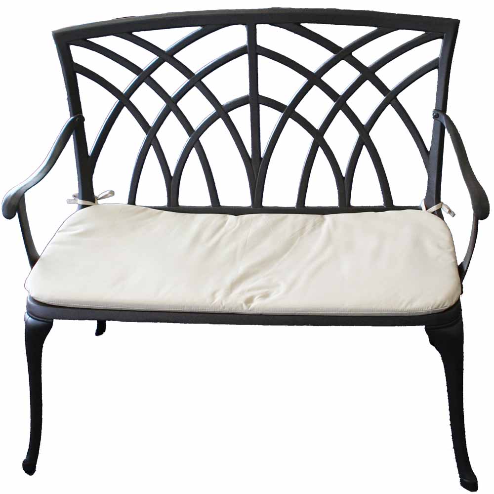 Charles Bentley Cast Aluminium 2 Seater Bench Blac k  - wilko  - Garden & Outdoor This cast aluminium bench is ideal for a patio or terrace area and would fit easily in any garden. The bench comes with a cream seat cushion for added comfort. It is relatively lightweight, making it easy to move, and requires minimal maintenance, which means it can be left outside all year round. The distinctive, elegant design is classic and timeless. Charles Bentley Cast Aluminium 2 Seater Bench Blac k . Garden Furniture