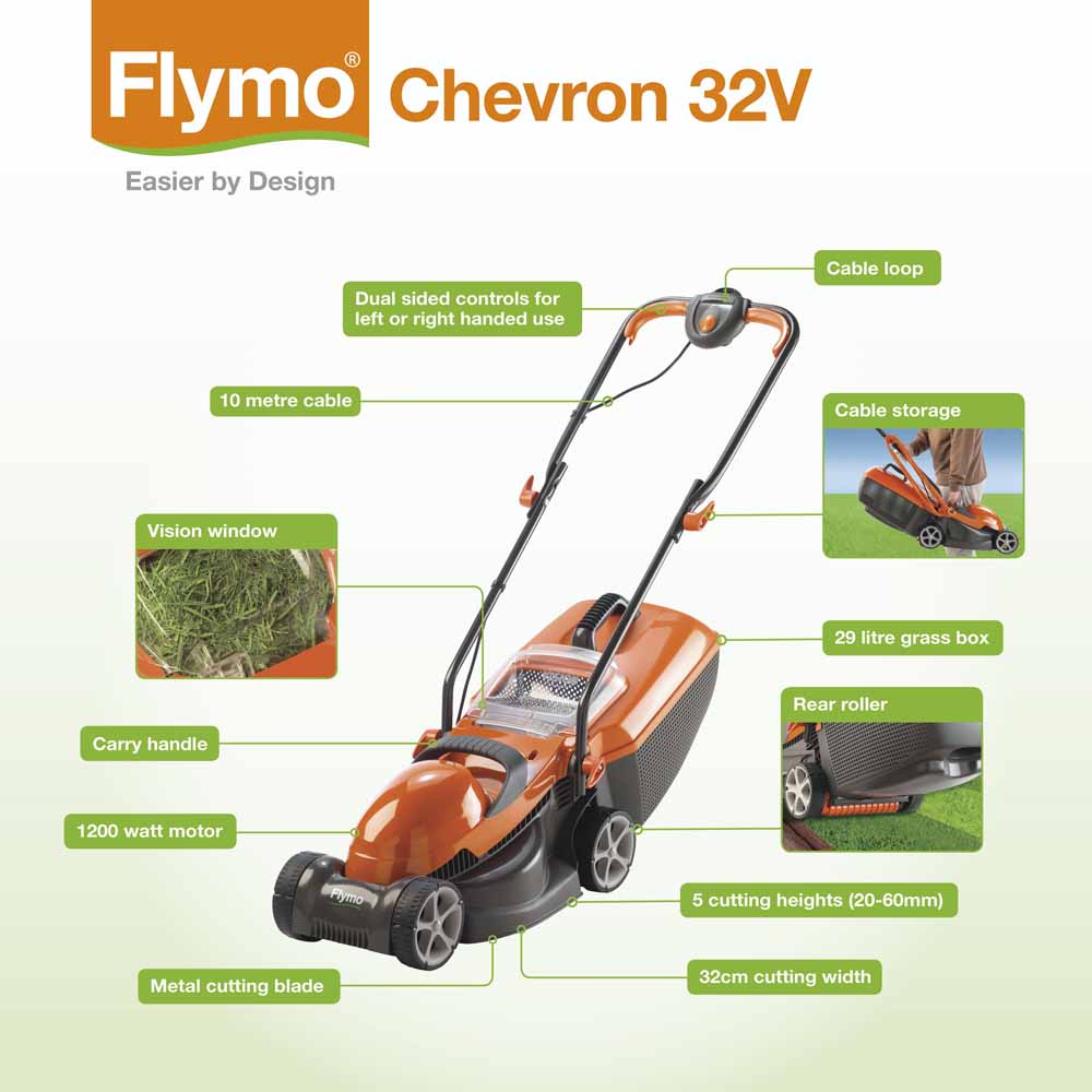 1200 W 32 cm Flymo Chevron 32VC Electric Wheeled Lawnmower with Rear Roller & e Flymo 32 cm Metal Lawnmower Blade FLY046 