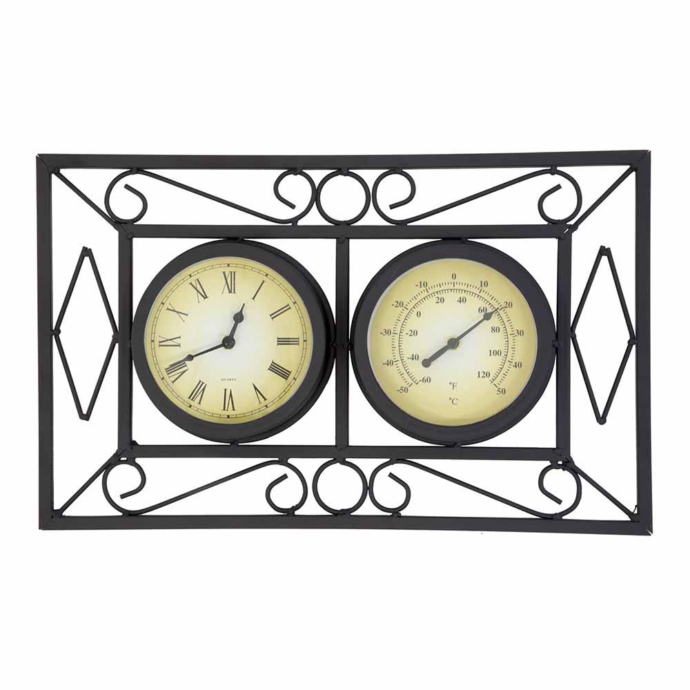 Charles Bentley Black Garden Clock with Thermometer 46 x 28.5cm Image 1