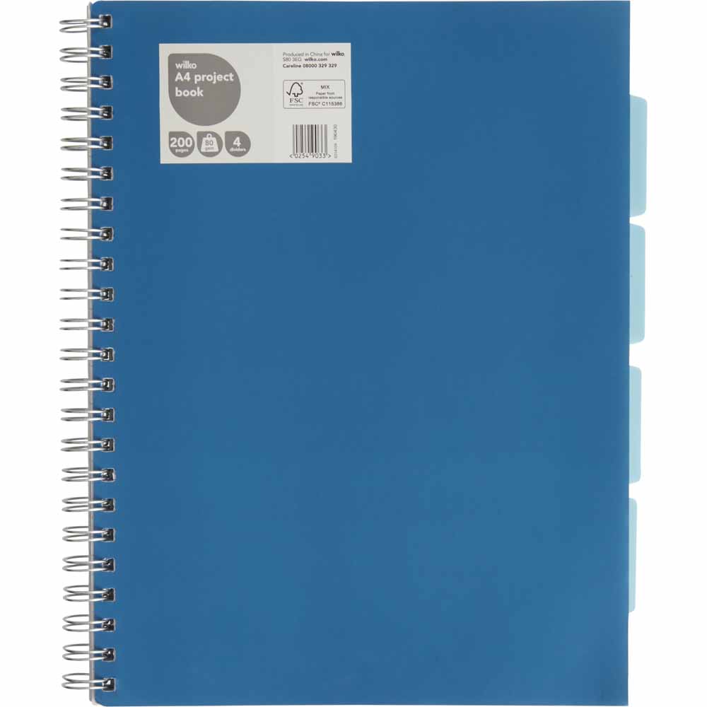 Wilko A4 Blue Project Book with Dividers 200 Pages 80gsm Wilko