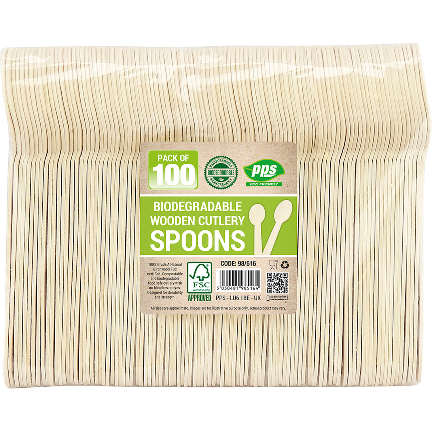 Pack of 100 Bio Degradable Wooden Spoons - Natural | Wilko