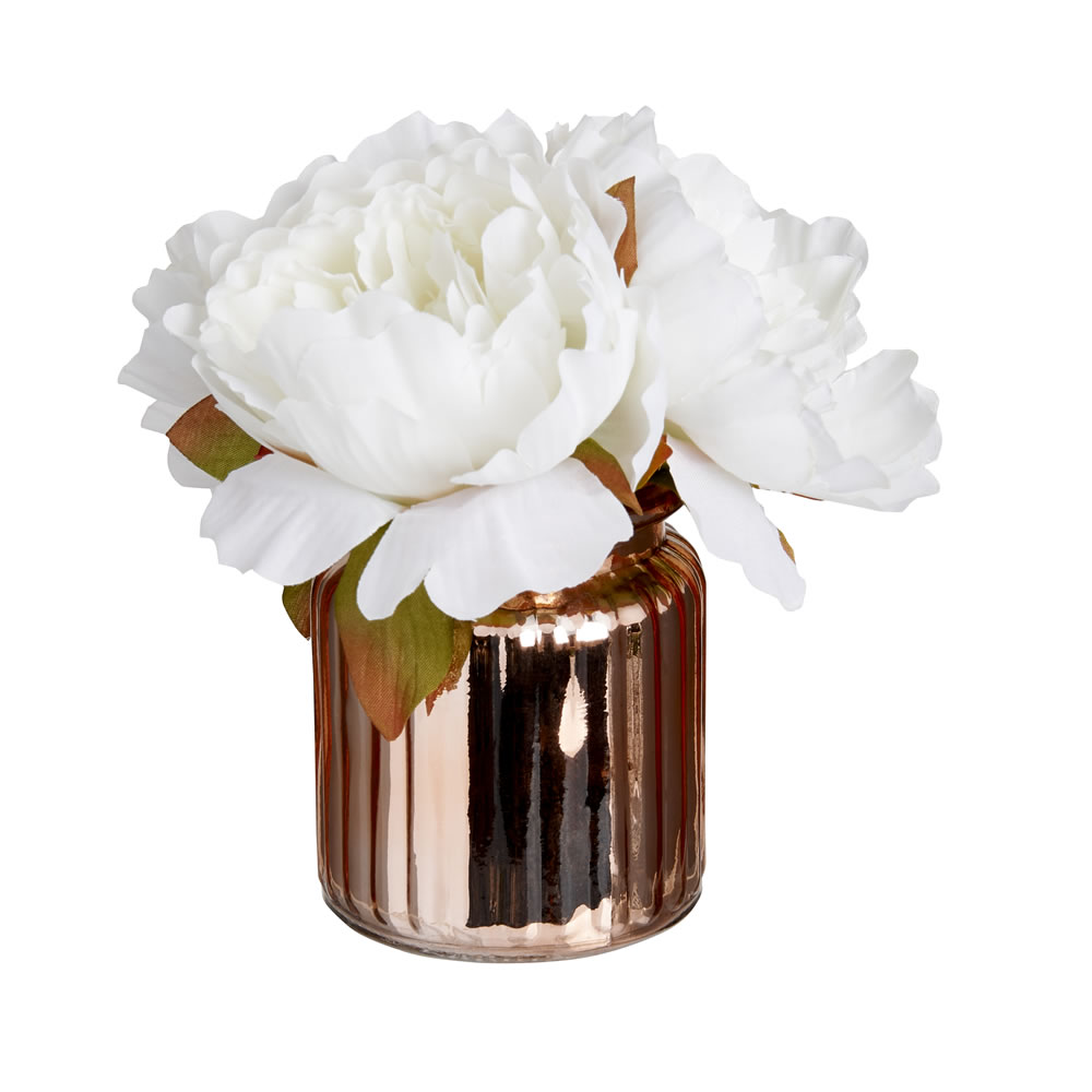 Wilko White Peony Artificial Flowers in Rose Gold Glass Vase Wilko