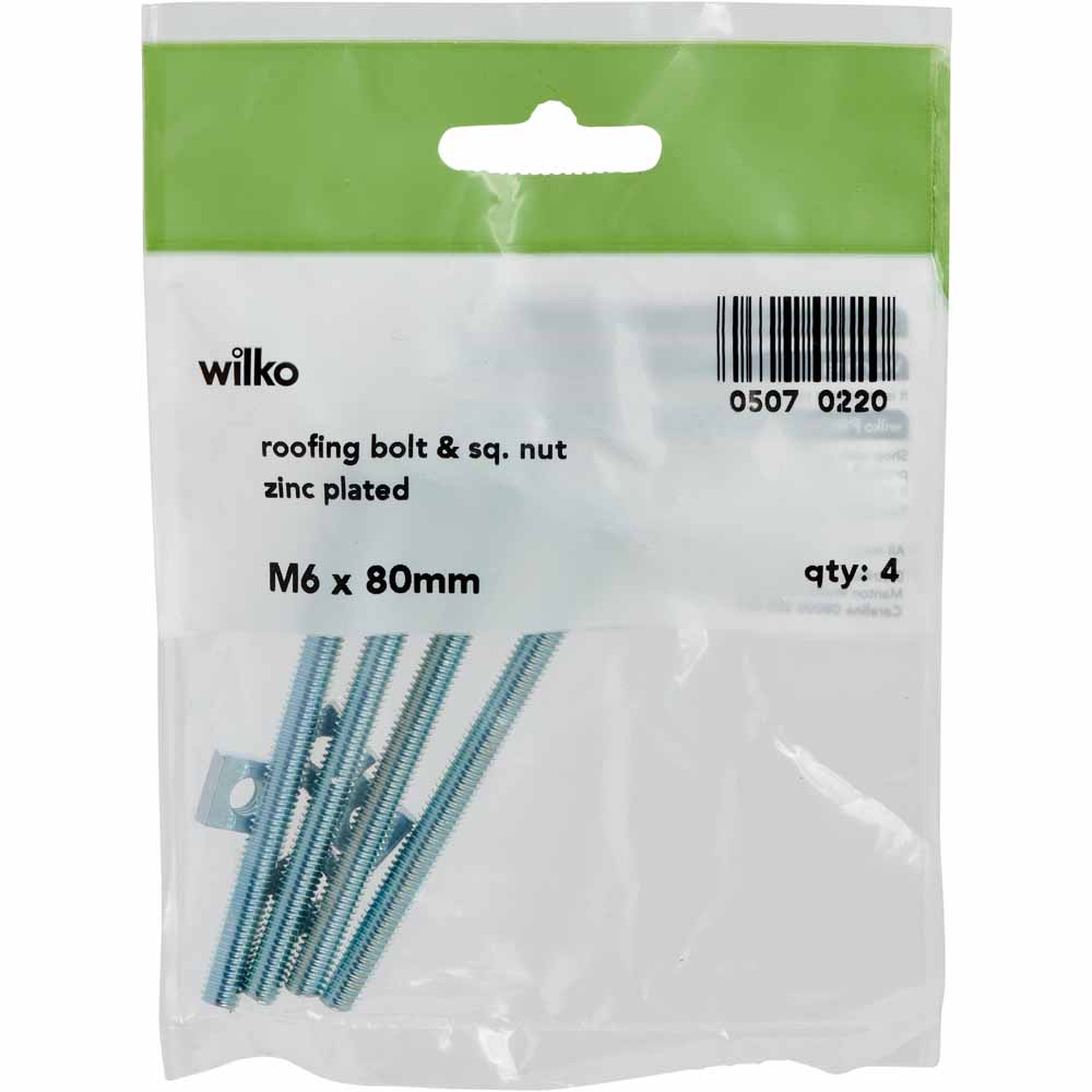 Wilko M6 x 80mm Roofing Bolts and Square Nuts 4 Pack Wilko