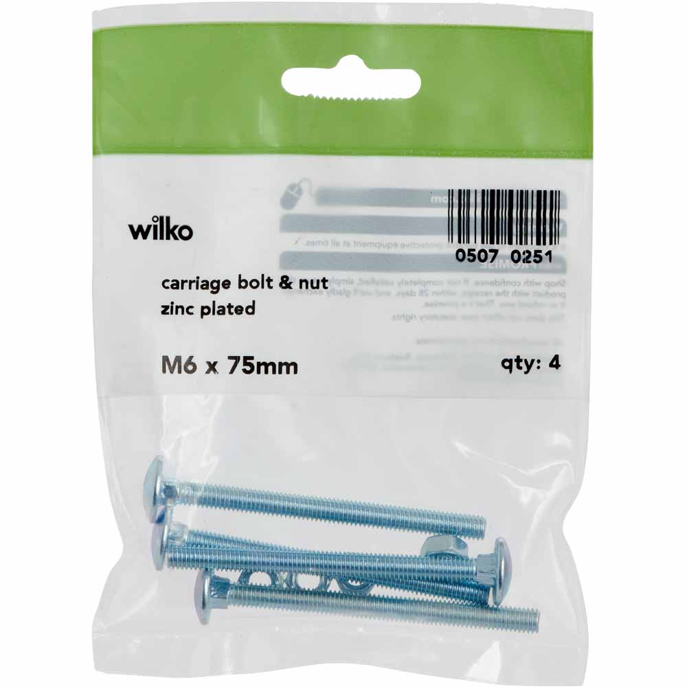 Wilko M6 x 75mm Carriage Bolts and Nuts 4 Pack Wilko