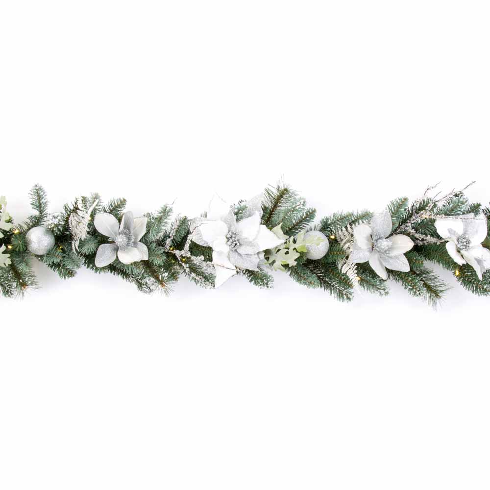 Premier 1.8m PreLit Garland with White Poinsettia Wilko