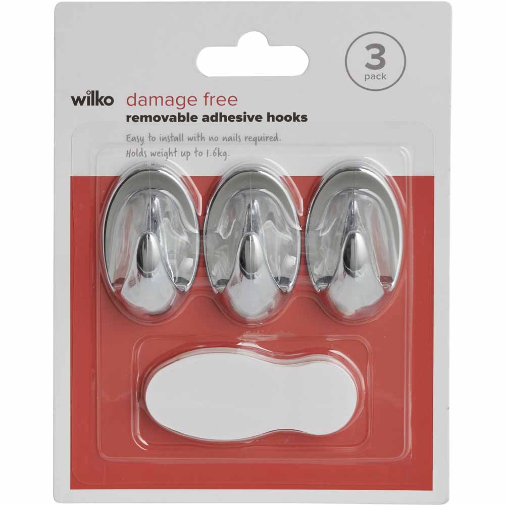 Wilko Oval Damage Free Chrome Hooks 3 Pack Wilko