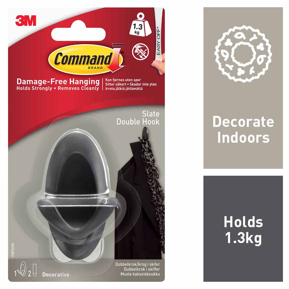Command Medium Self Adhesive Double Hook Slate Wilko