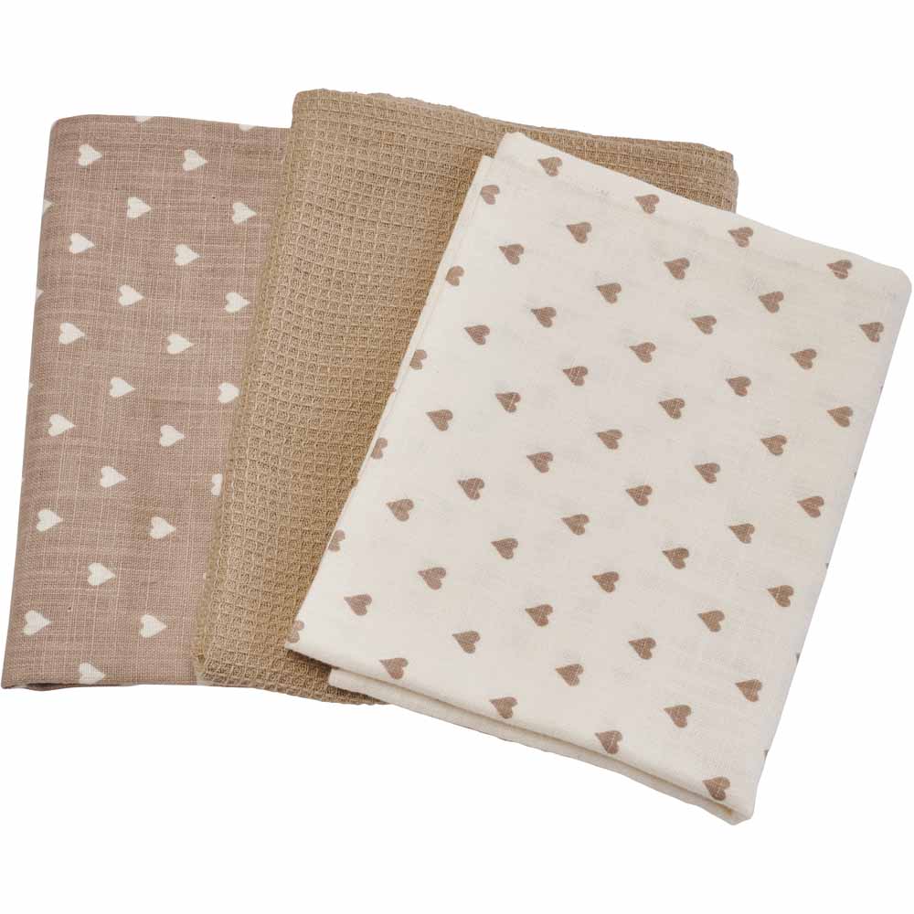 Wilko Cream Hearts Tea Towel 3pk Wilko