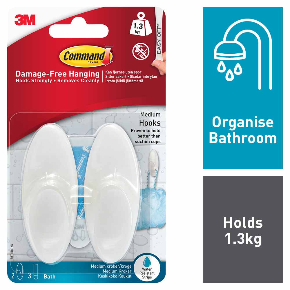 Command Self Adhesive White Medium Bathroom Hooks 2 Pack Wilko
