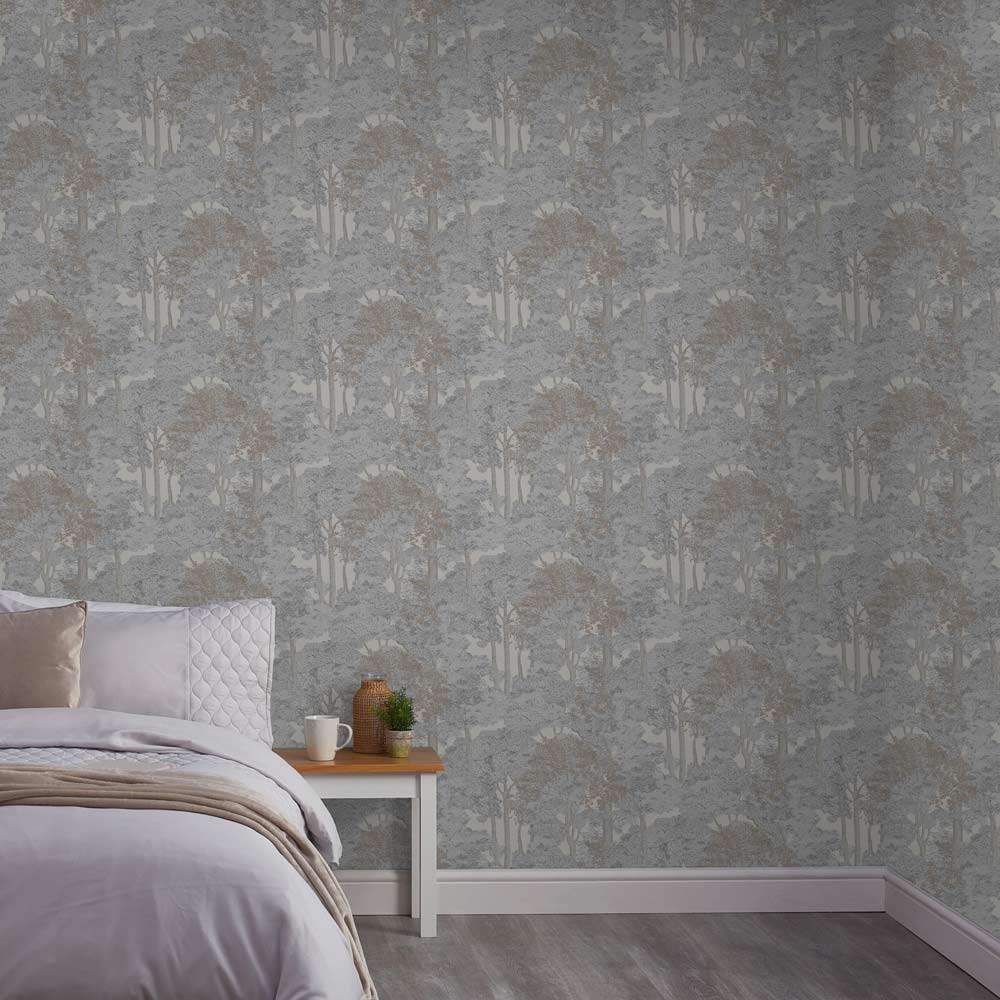 wilko Easy Tranquil Woodland Grey Wallpaper Wilko