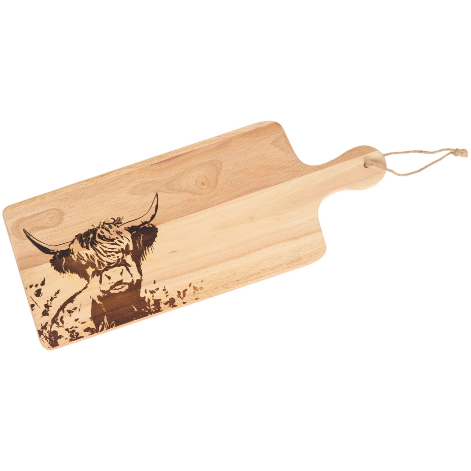 Highland Cow Oak Paddle Chopping Board Natural | Wilko