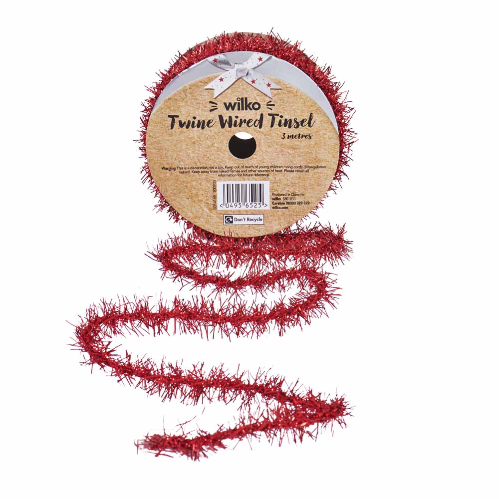 Wilko Red Twine Wired Tinsel 3m Wilko