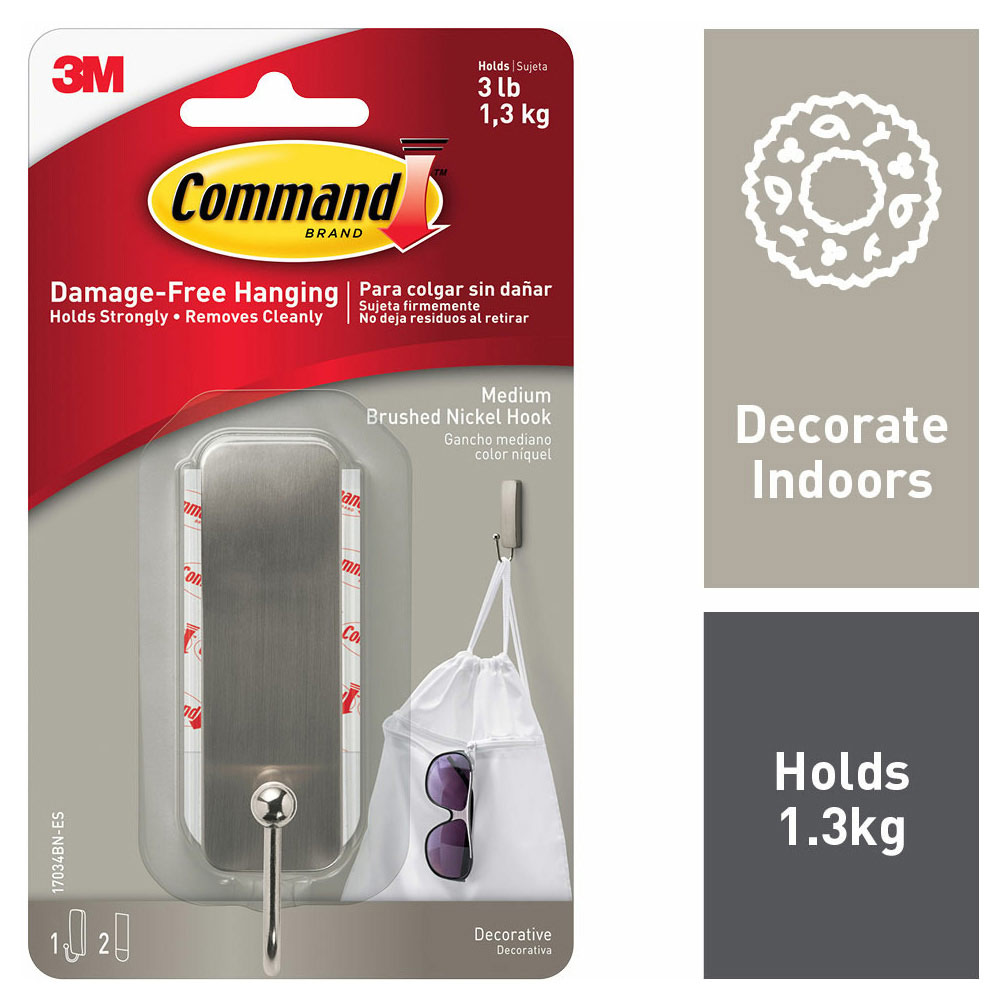 Command Medium Brushed Nickel Self Adhesive Hook Wilko