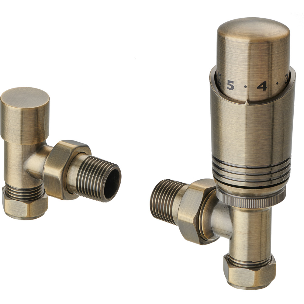 Terma Cylindrical Antique Brass Angled Thermostatic Radiator Valve and ...