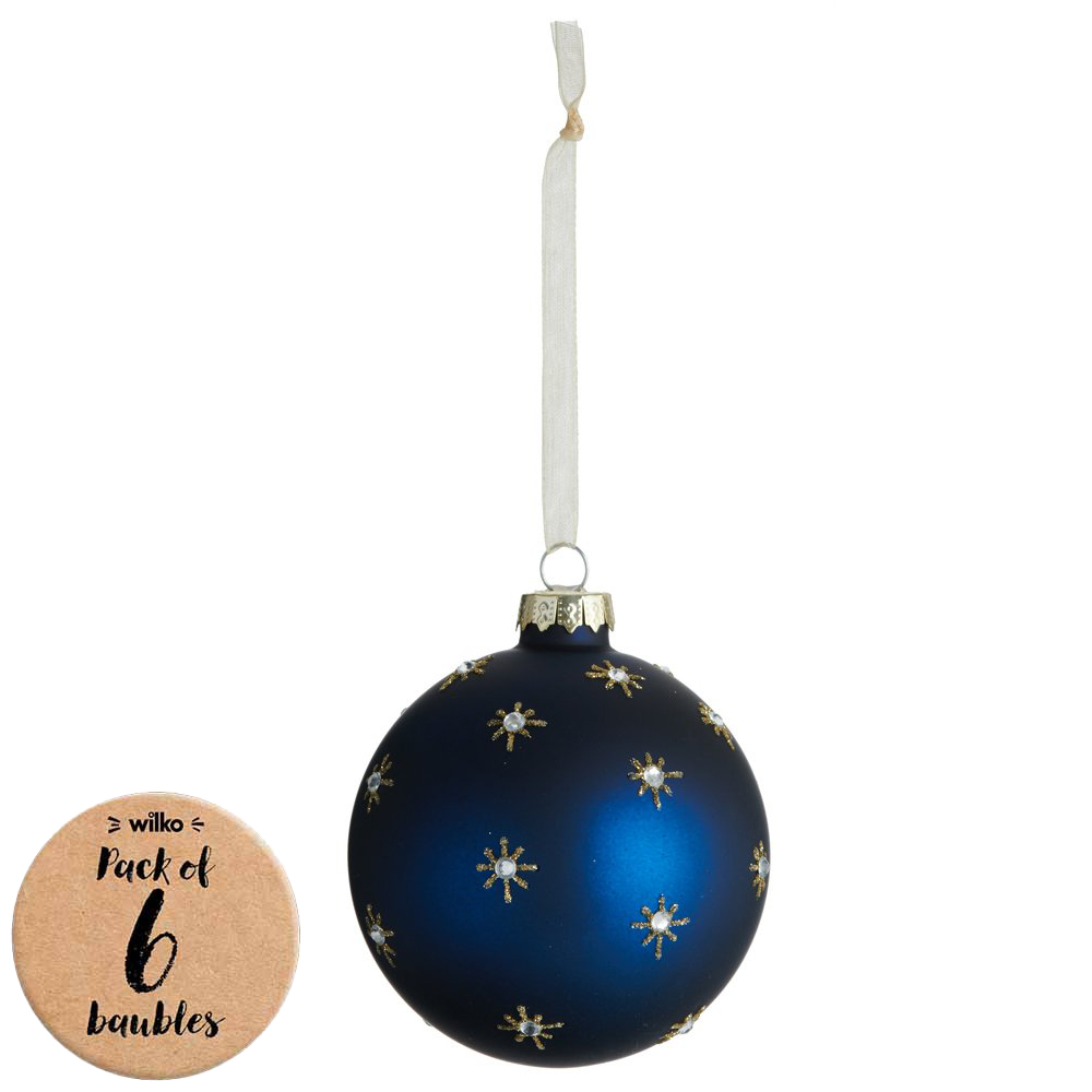 Wilko 6 Pack Majestic Blue Gold Stars Bauble Wilko